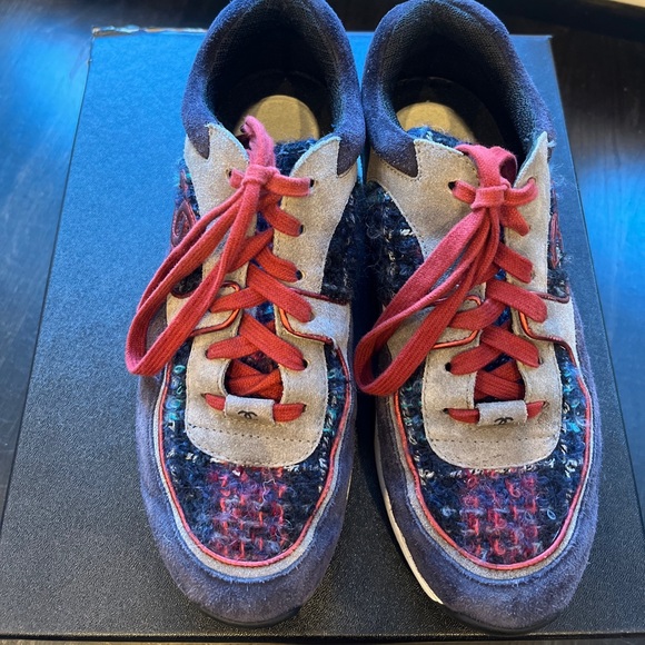 Chanel authentic tweed sneakers navy red grey - Picture 2 of 12